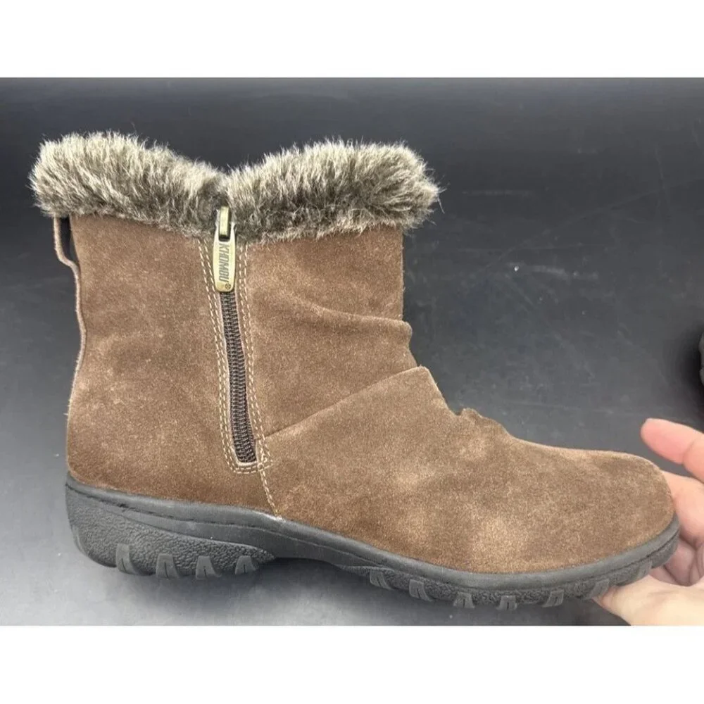Khombu Women’s Lisa Shearling Winter Ankle Brown Suede Zip Faux Fur Trim Boots 8